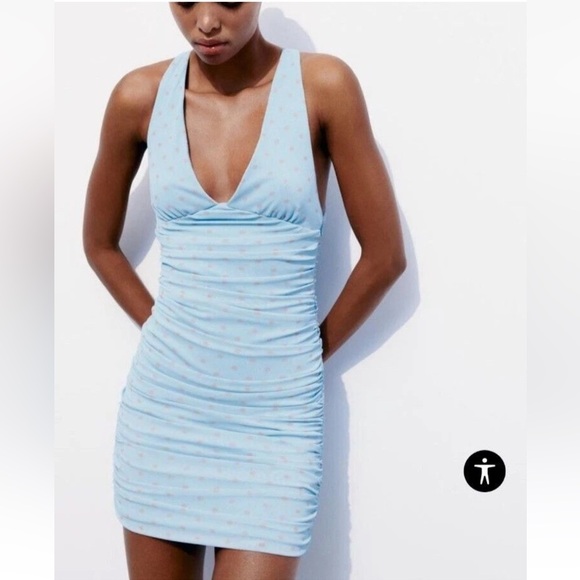 ZARA Blue Polka Dot Mini Dress Ruched V Neck Women’s Size Large NEW - Picture 1 of 14